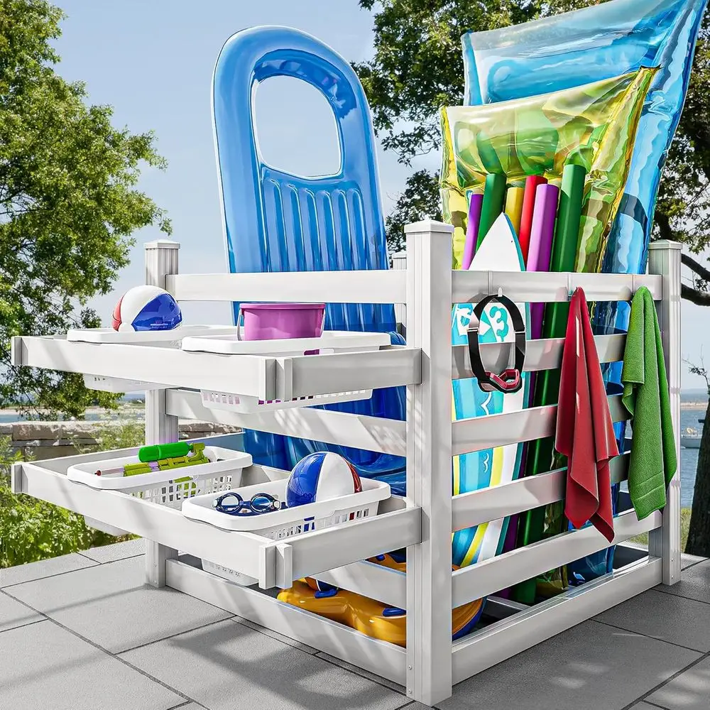 Beach Towel Large - Pool-Aufbewahrungsbox mit Handtuchhalter und 6 Haken,
